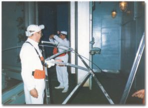 [image: Experimental determination of the neutron fluence for WWER - 400 and WWER - 1000 reactors of KNPP: Shown is the mounting of neutron detectors behind the corps of Unit 6 of KNPP]